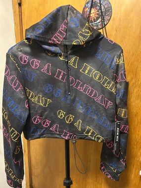 New Mix Black Cropped Hoodie Jacket with Pink, Blue & Yellow Graphics